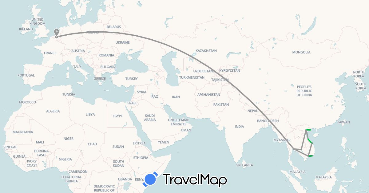 TravelMap itinerary: driving, bus, plane in Belgium, Cambodia, Thailand, Vietnam (Asia, Europe)